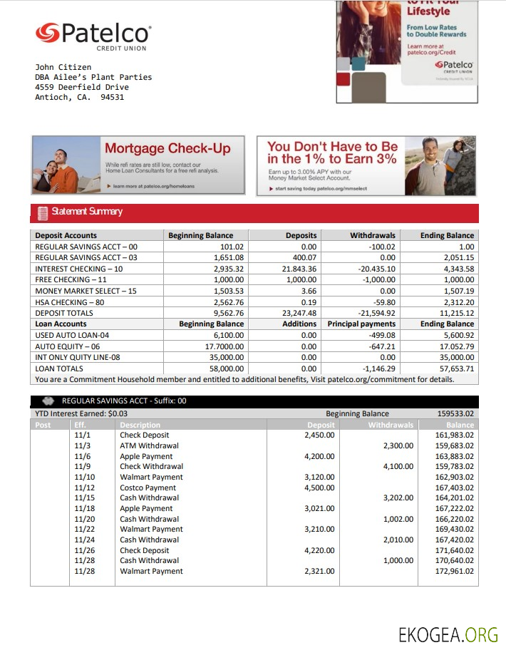 Modèle de relevé bancaire USA California Patelco Credit Union au format Word et PDF
